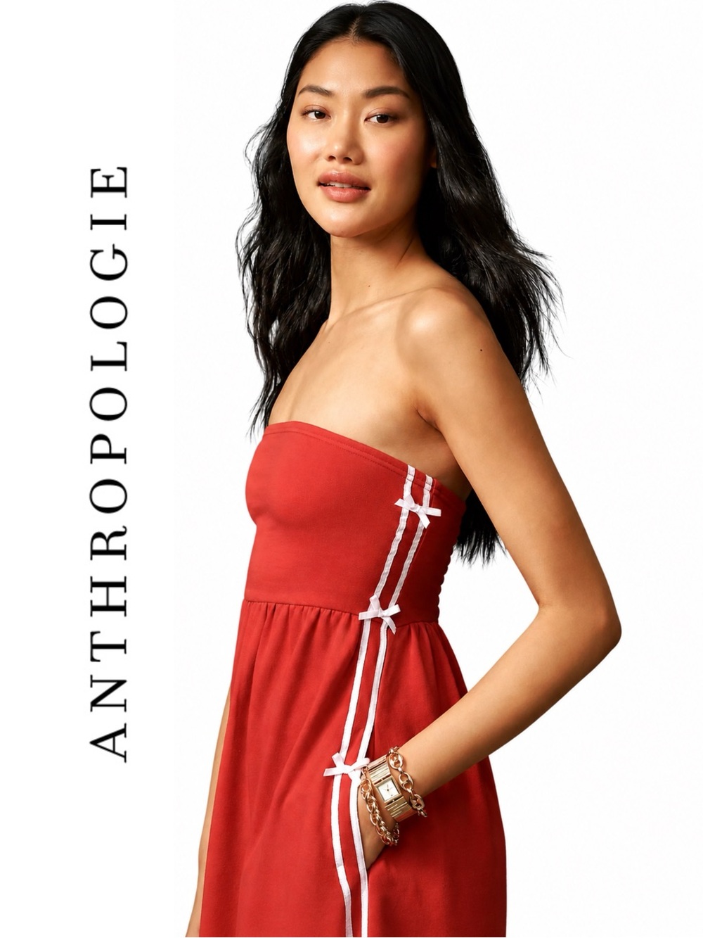 Anthropologie Daily Practice Strapless Side Bow Midi Dress